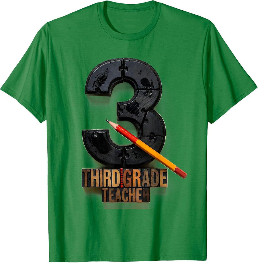 Men's Third Grade Teacher Wood Type Letterpress Back To School T-Shirt - Kelly Green