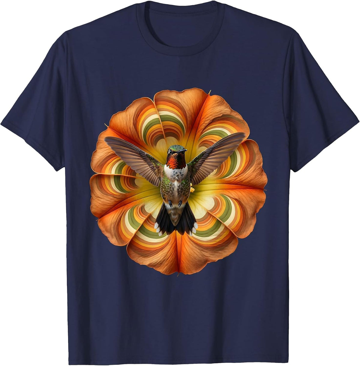 Hummingbird Trumpet Flower Botanical Art T-Shirt - Navy Blue