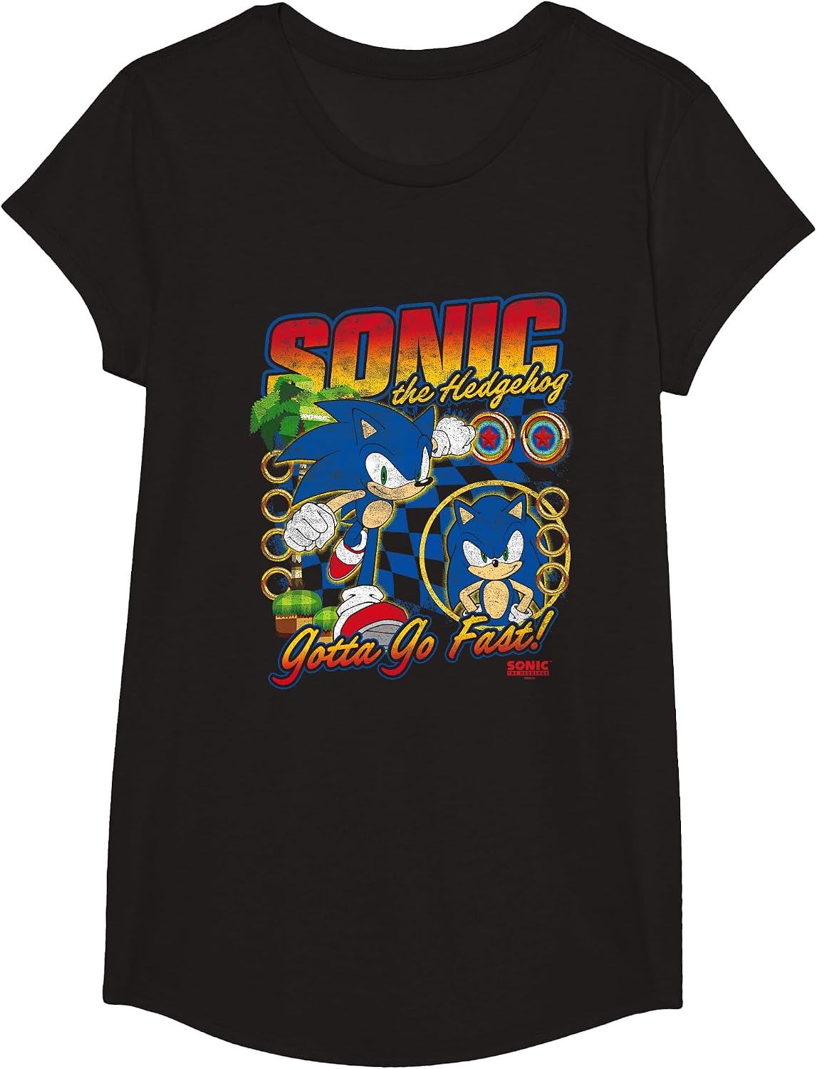 Sonic The Hedgehog Gotta Go Fast Distressed Portrait T-Shirt - Girls Black