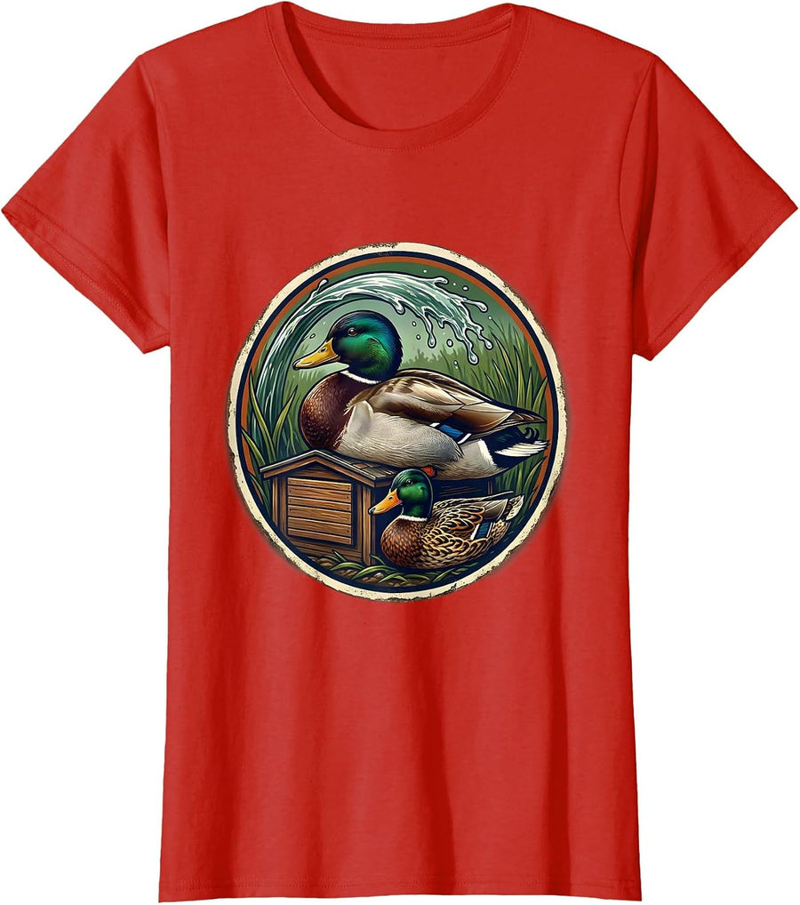 Women's Vintage Mallard Duck Hunting Badge Dad Gift T-Shirt - Red