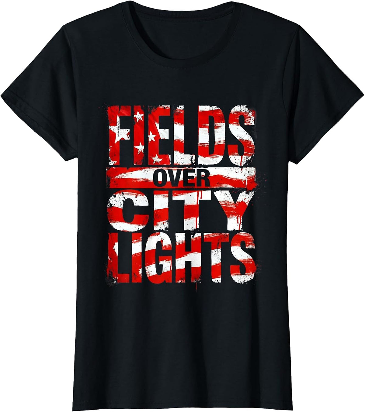 Fields Over City Lights Country Girl Design T-Shirt - Black