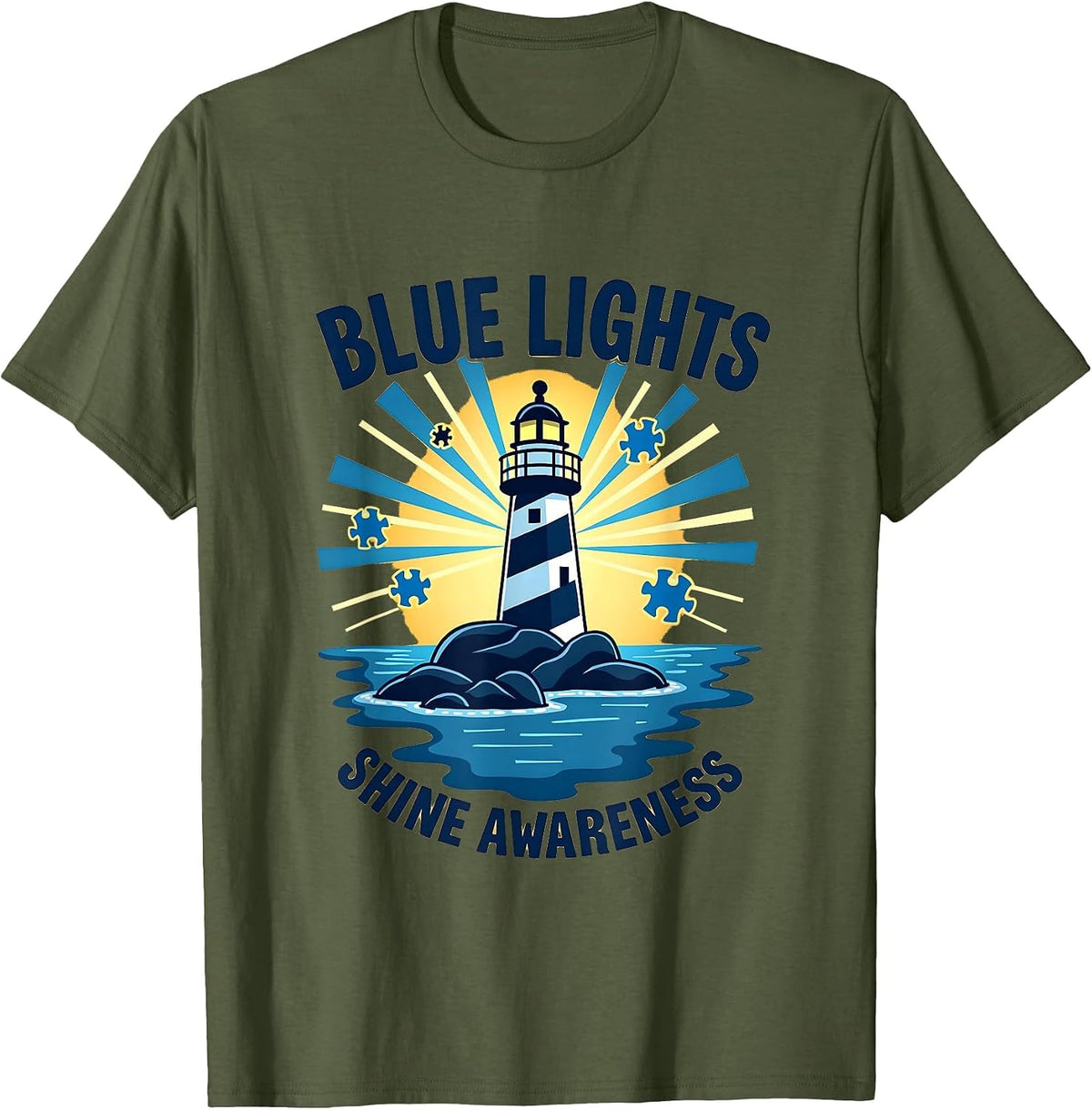 Blue Lights Shine Awareness Autism Support T-Shirt - Olive Green