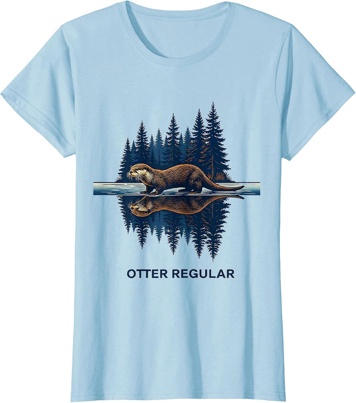 Otter Regular Ukiyo-e Forest Wildlife Nature Art Outdoor T-Shirt - Baby Blue