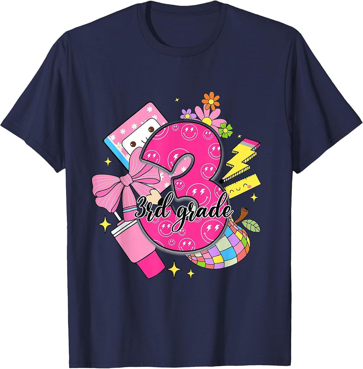 3rd Grade Back to School Teacher Girl Coquette Bow T-Shirt - Navy Blue