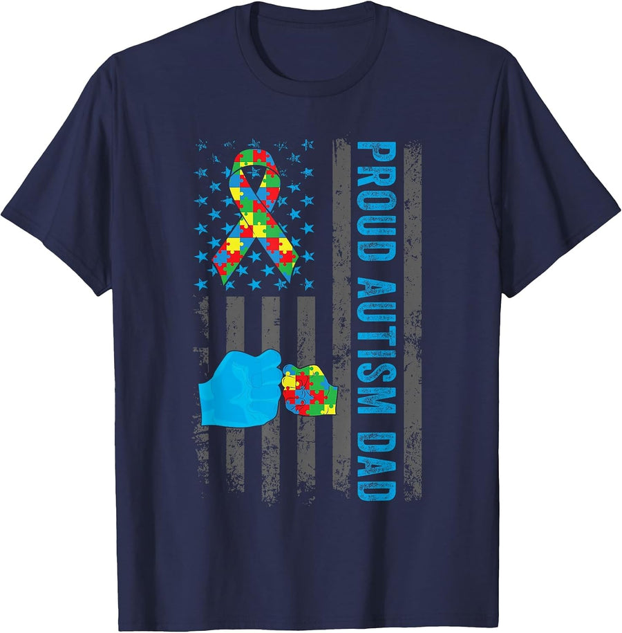 Proud Autism Dad American Flag USA Autism Awareness Dad Men T-Shirt - Navy Blue