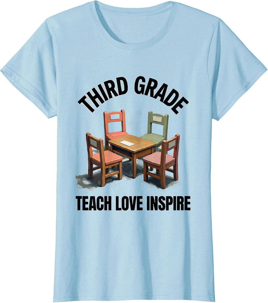 Women's Third Grade Teach Love Inspire Cute Teacher Back To School T-Shirt - Baby Blue