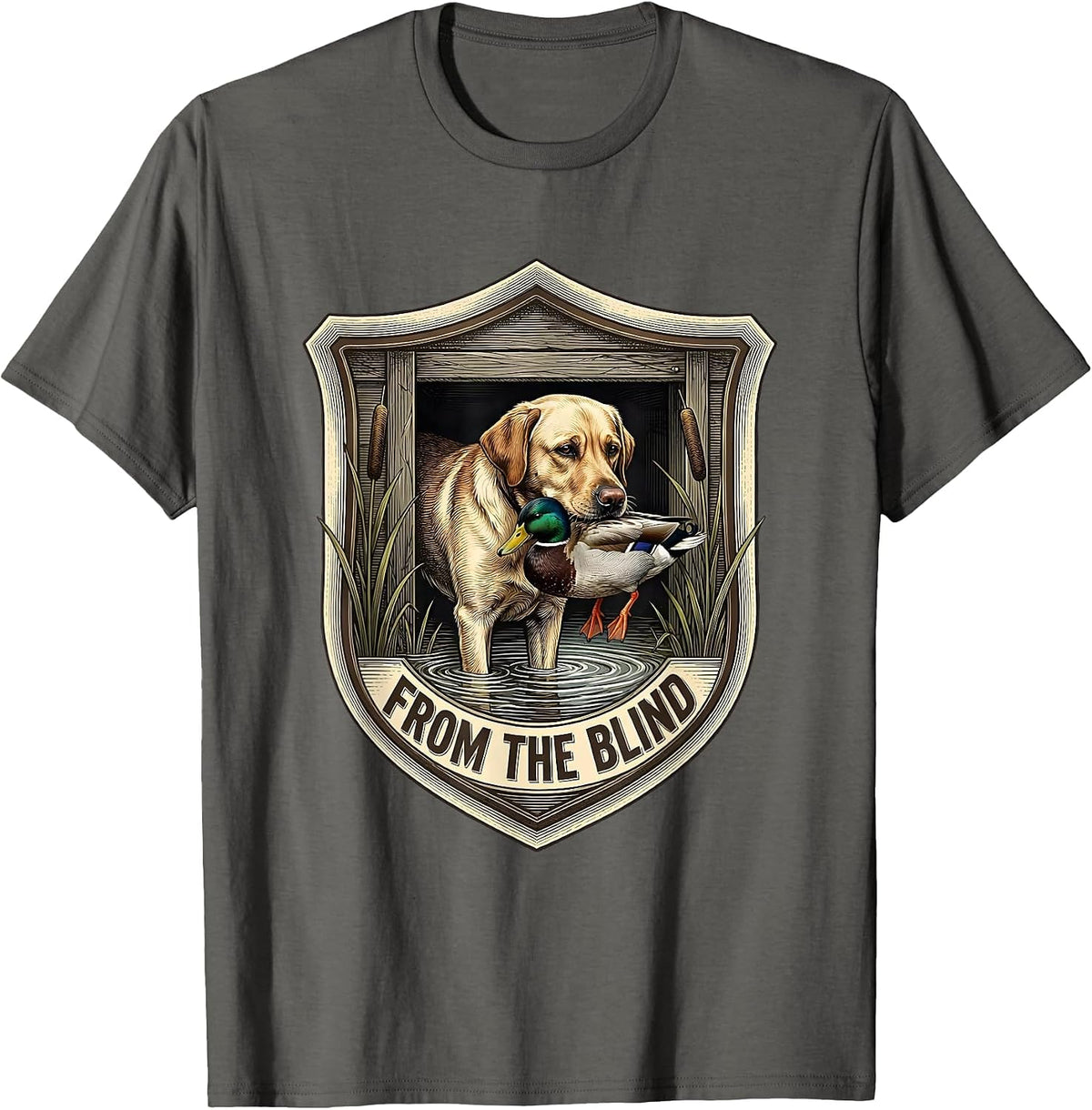 From The Blind Crosshatch Etching Hunting Dog Waterfowl T-Shirt - Asphalt Grey