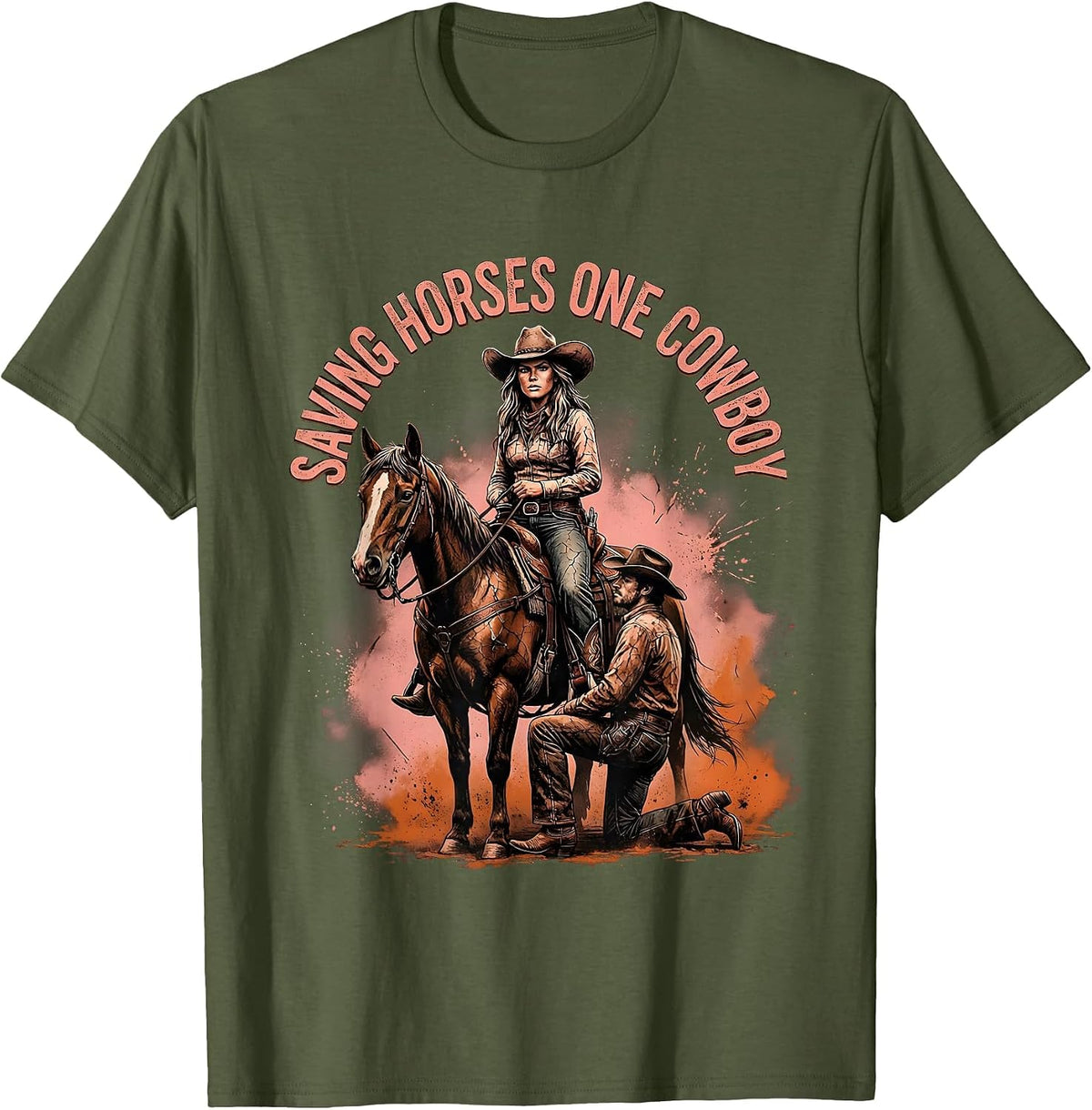 Saving Horses One Cowboy Western Humor Design T-Shirt - Olive Green