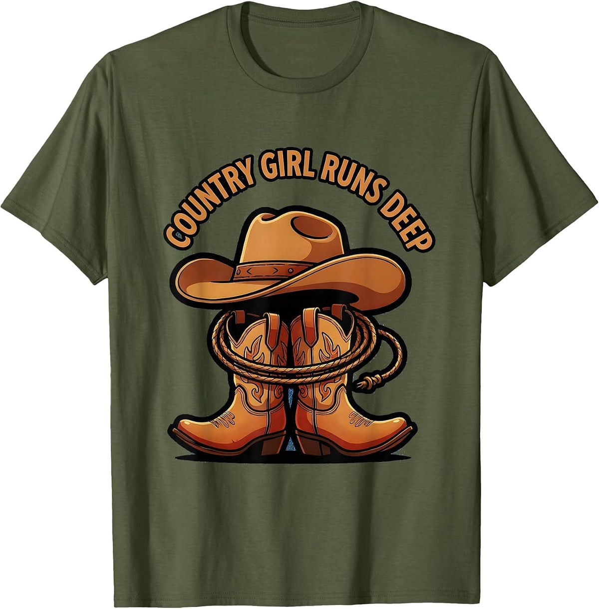Country Girl Runs Deep Cowgirl Design T-Shirt - Olive Green