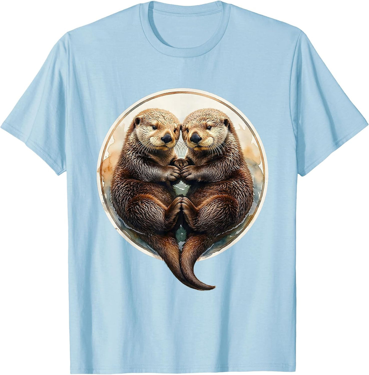 Men's Sea Otter Couple Holding Paws Sleeping Illustration T-Shirt - Baby Blue