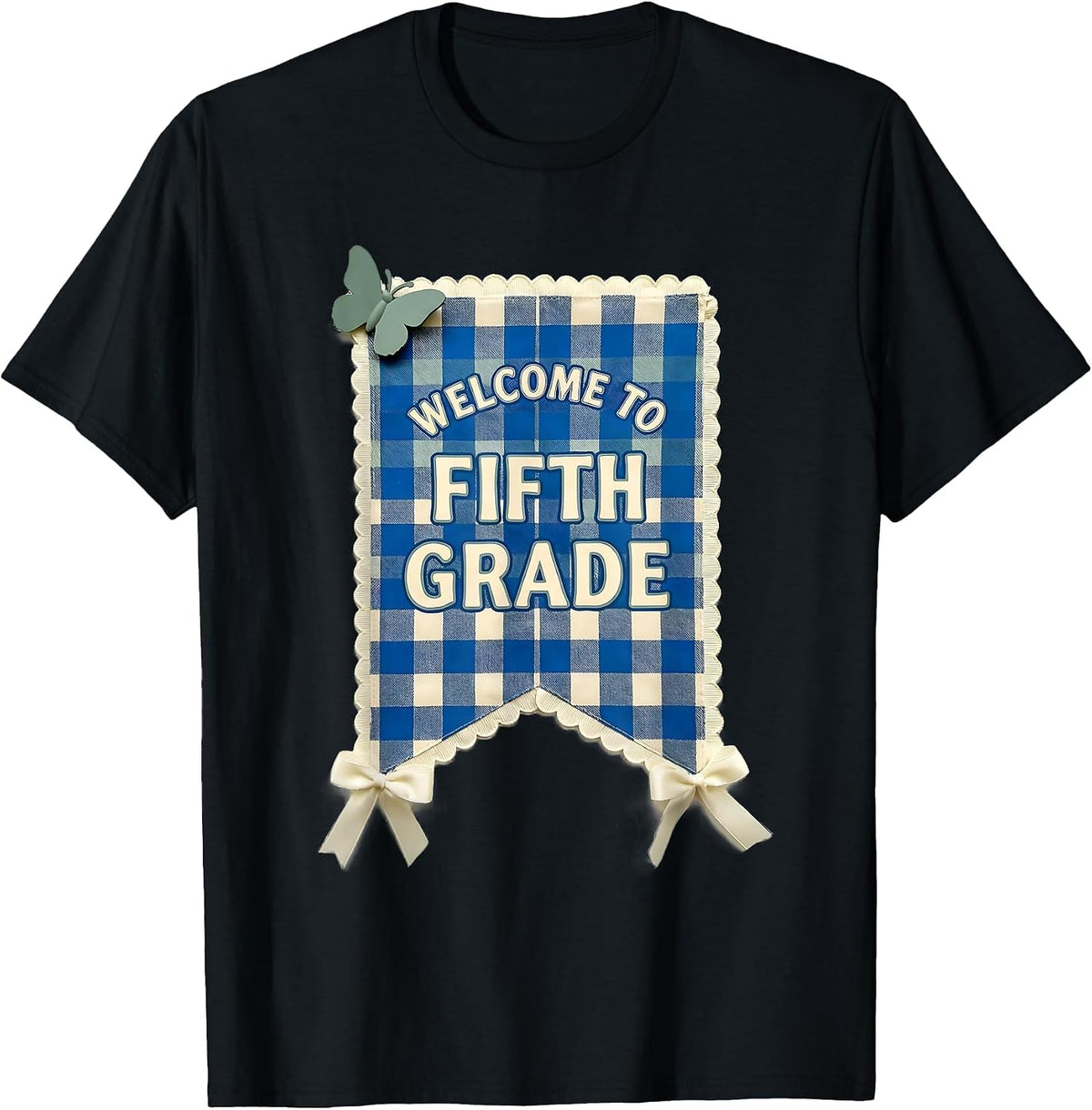 Men's Welcome to Fifth Grade Gingham Picnic Cute Back to School T-Shirt - Black