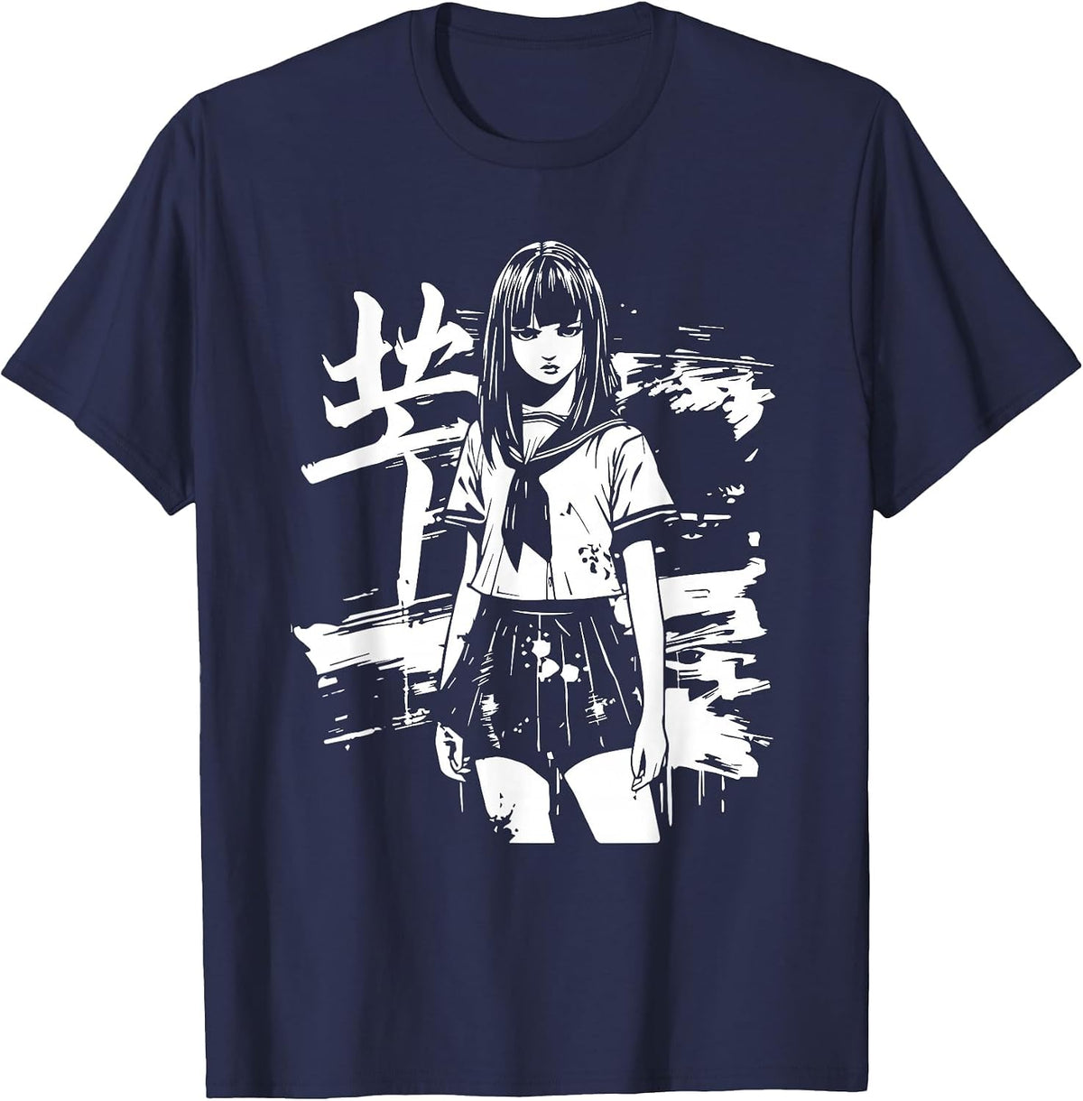 Anime Horror Girl Aesthetic Soft Grunge Waifu Japanese Otaku T-Shirt - Navy Blue