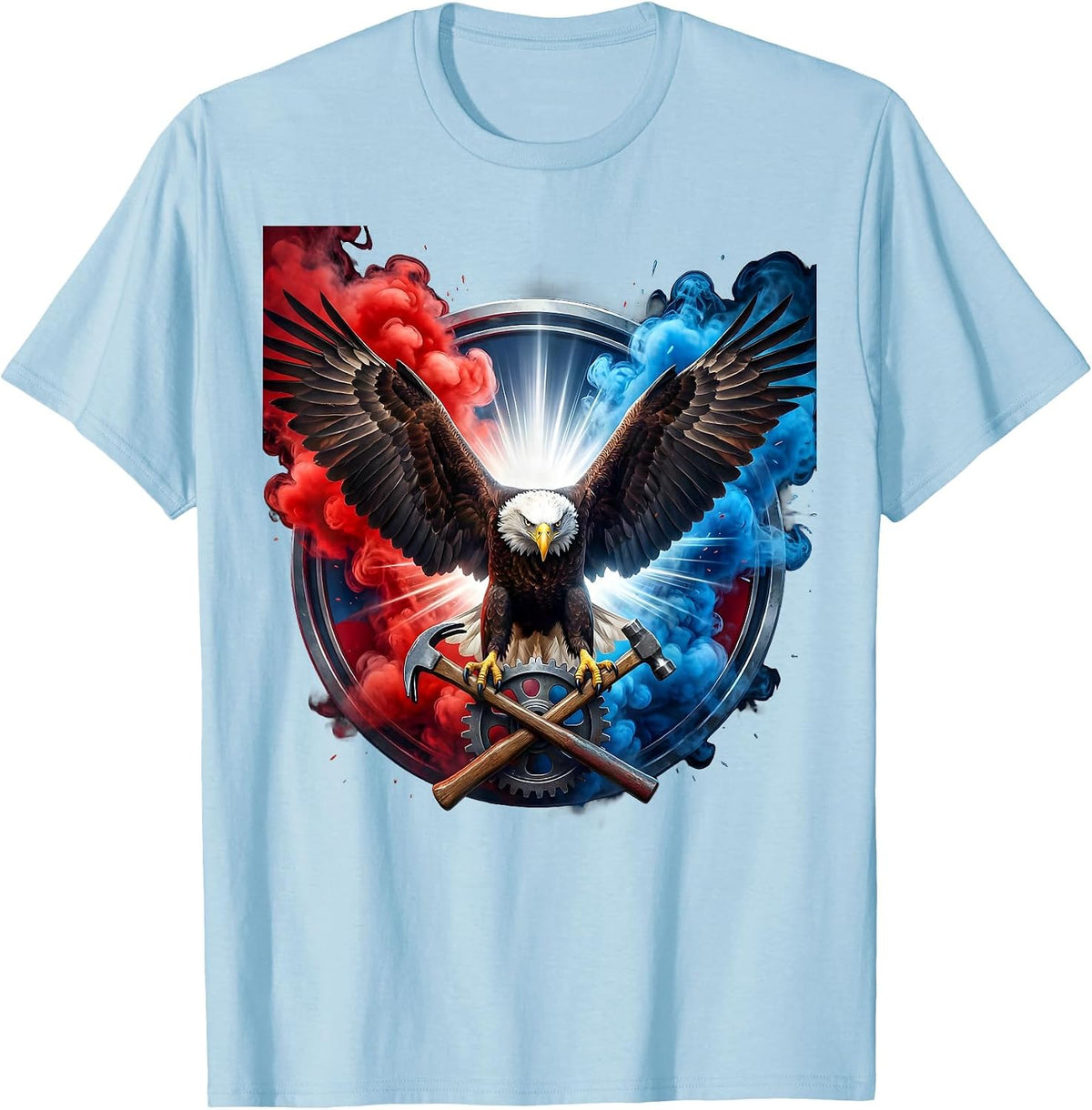 Men's Patriotic Bald Eagle Gear and Hammer Graphic T-Shirt - Baby Blue