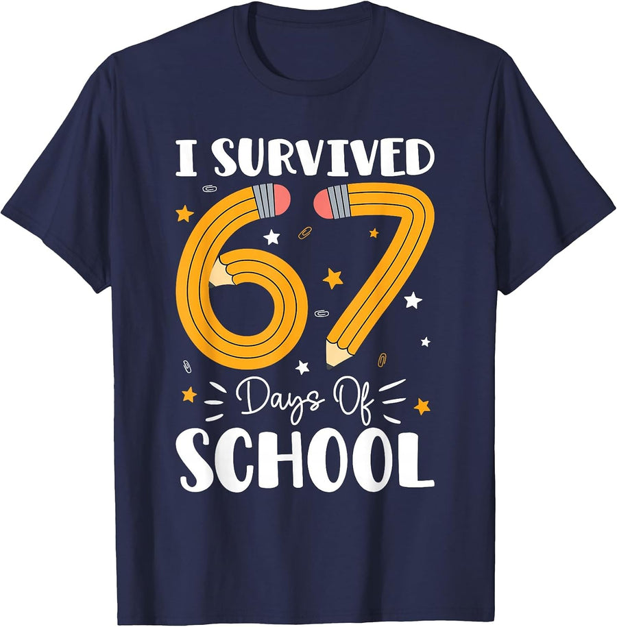 I Survived 67 Days of School Funny 67 Teachers Students Meme T-Shirt - Navy Blue