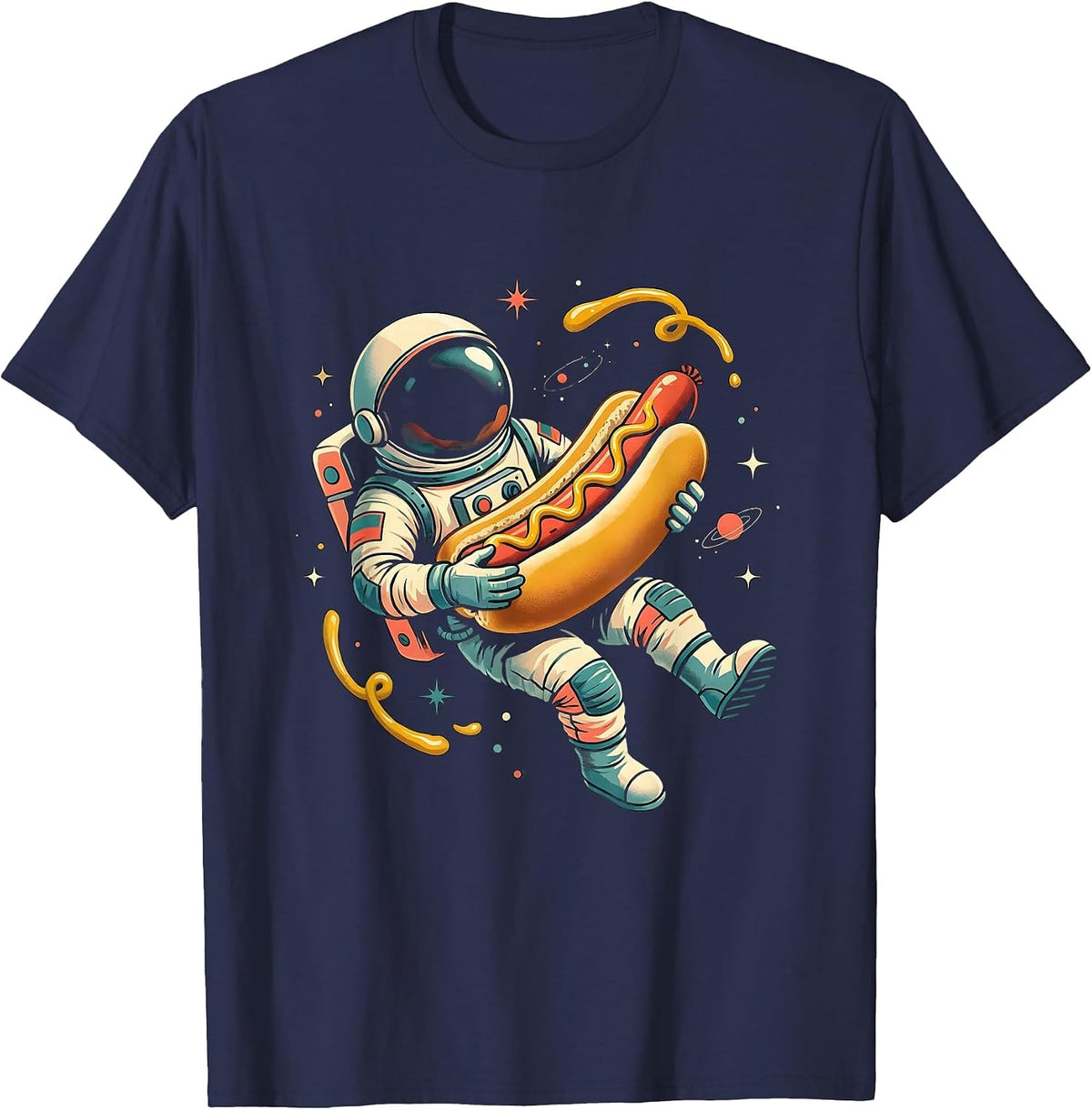 Astronaut Hot Dog Zero Gravity Space Illustration T-Shirt - Navy Blue