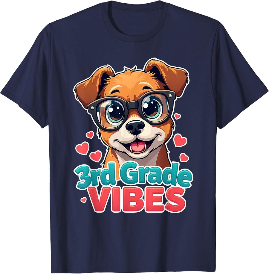 Third 3rd Grade Vibes Back to School Cute Dog Glasses Girls T-Shirt - Navy Blue
