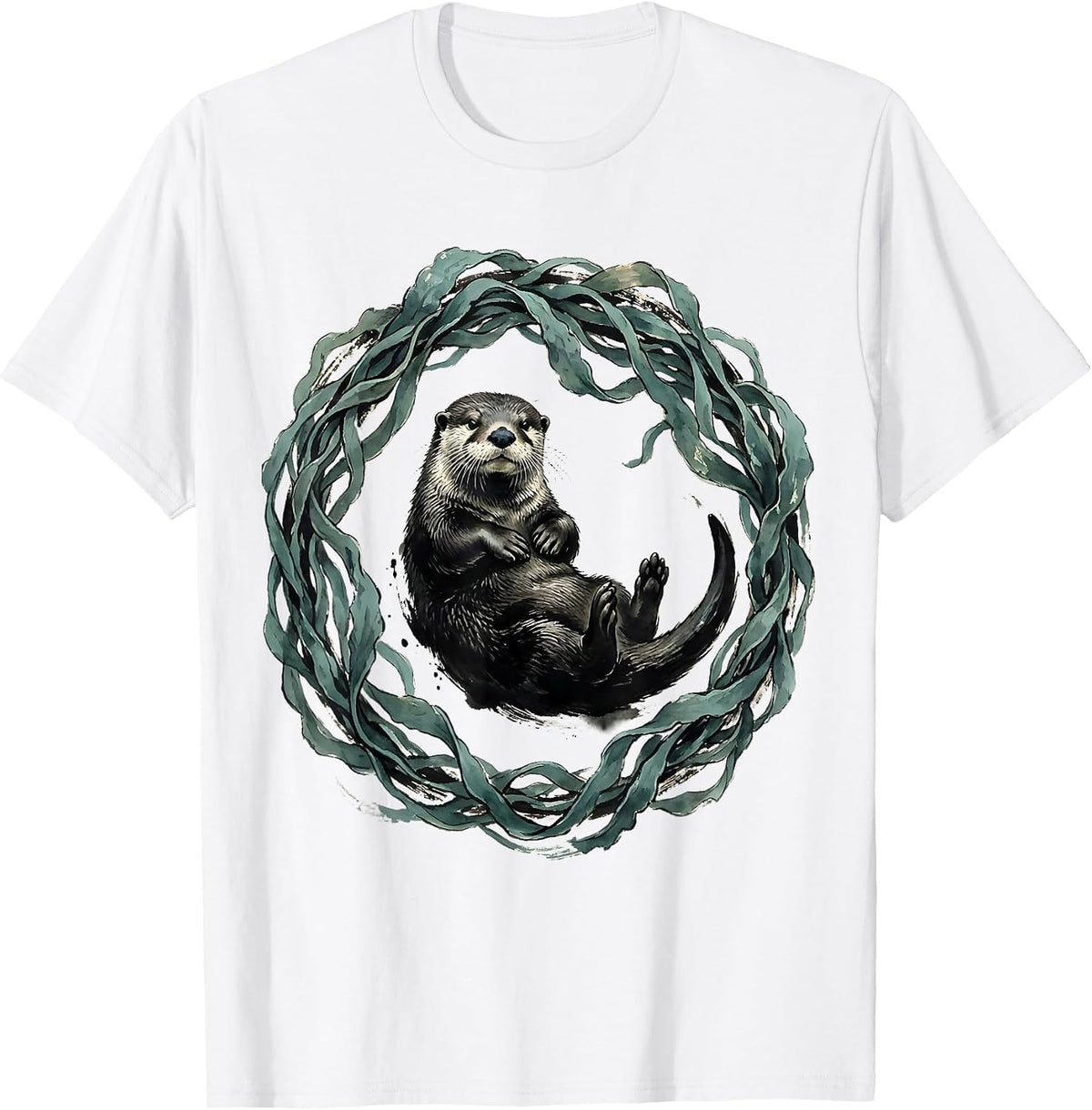 Kelp Wrapped Otter Underwater Ocean Art T-Shirt - White