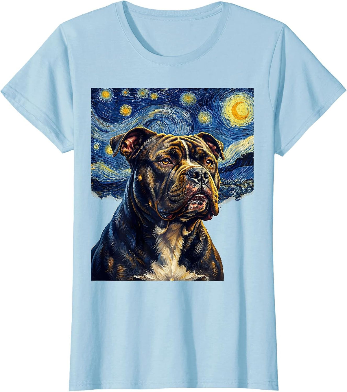Pitbull Van Gogh Style Starry Night Dog Breed Portrait T-Shirt - Baby Blue