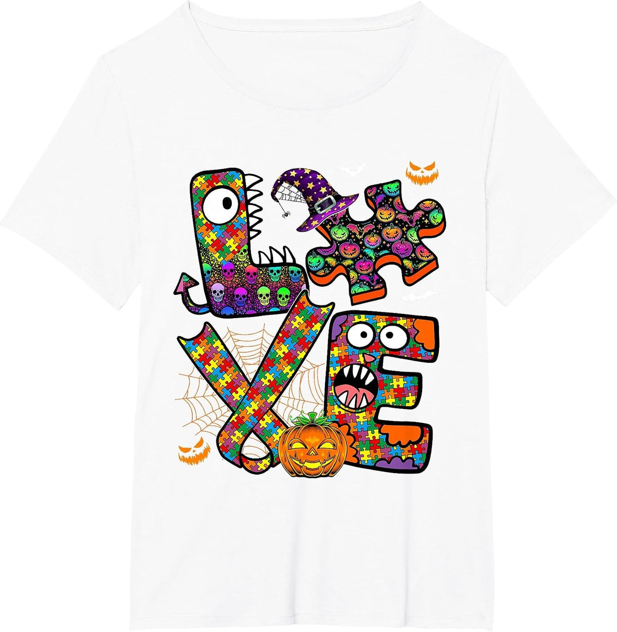Love Halloween Proud Horror Puzzle Pieces Autism Awareness T-Shirt - White
