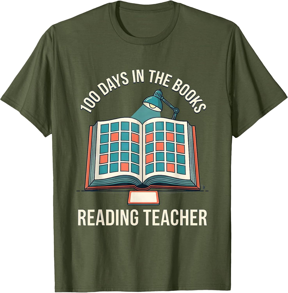 100 Days In The Books Reading Teacher Cheerful School Pride T-Shirt - Olive Green