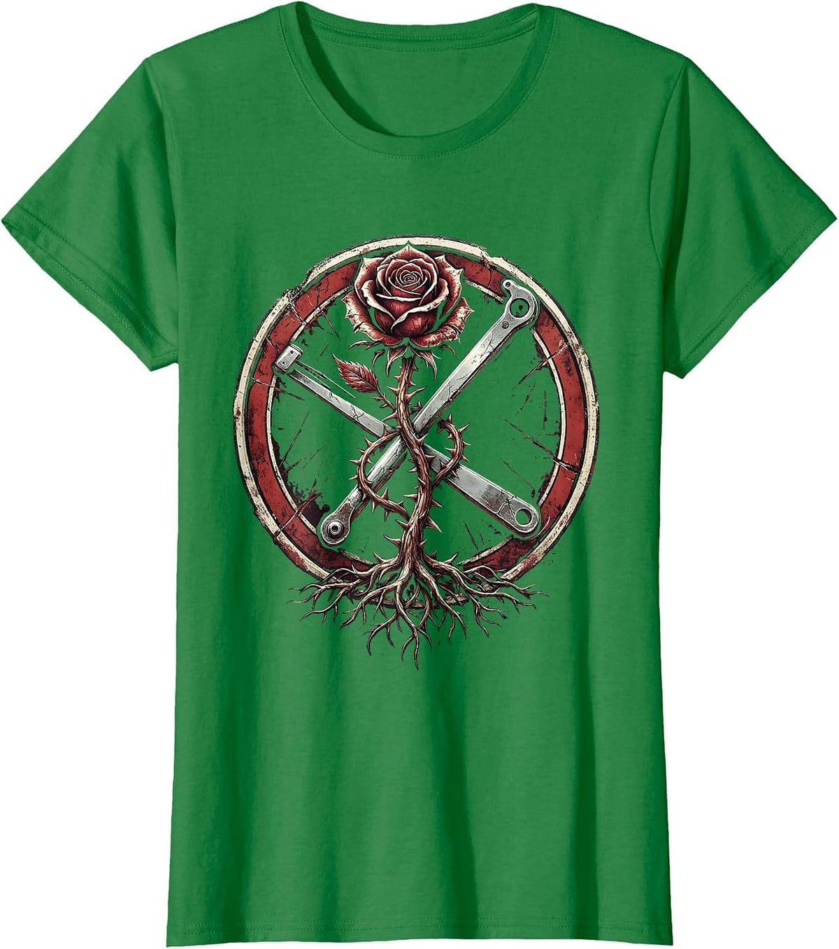 Rose and Whammy Bar 80s Rock Graphic T-Shirt - Kelly Green
