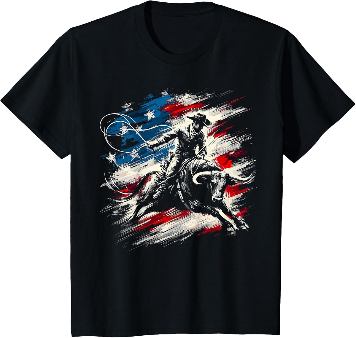 Rodeo Cowboy Bull Riding American Flag Western T-Shirt - Black