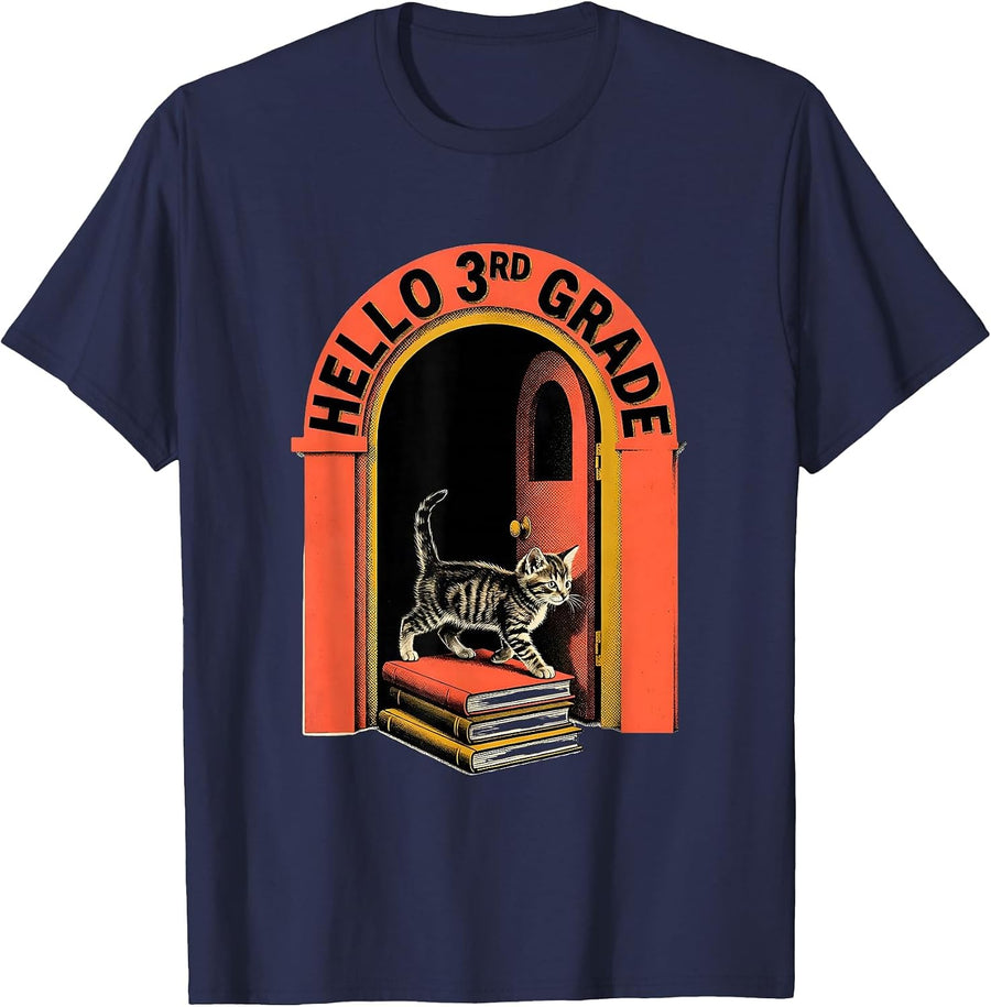 Hello 3rd Grade Cute Kitten Back To School Girls Teachers T-Shirt - Navy Blue