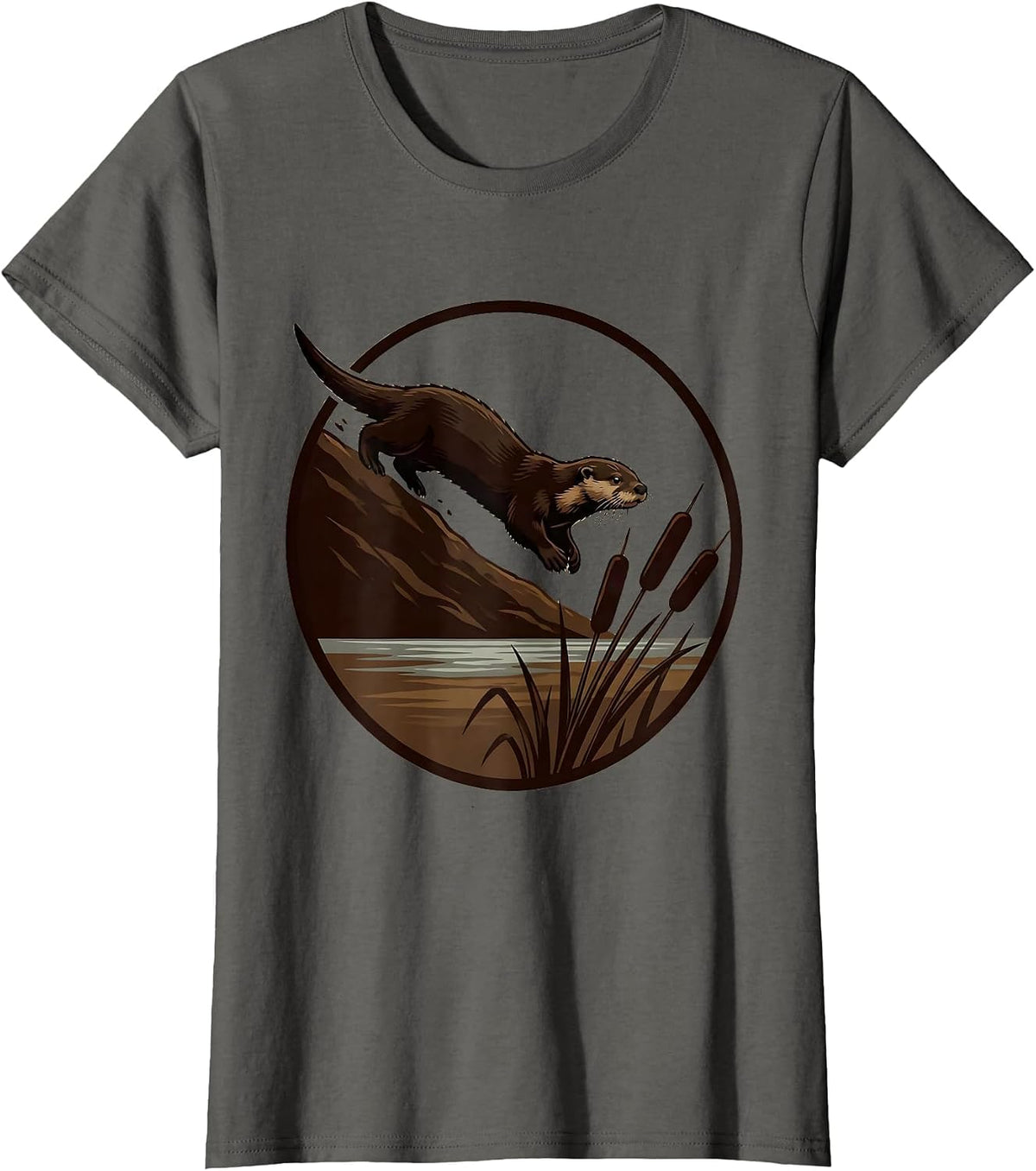 Women's River Otter Bottomland Camo Sliding Down Muddy Bank T-Shirt - Asphalt Grey