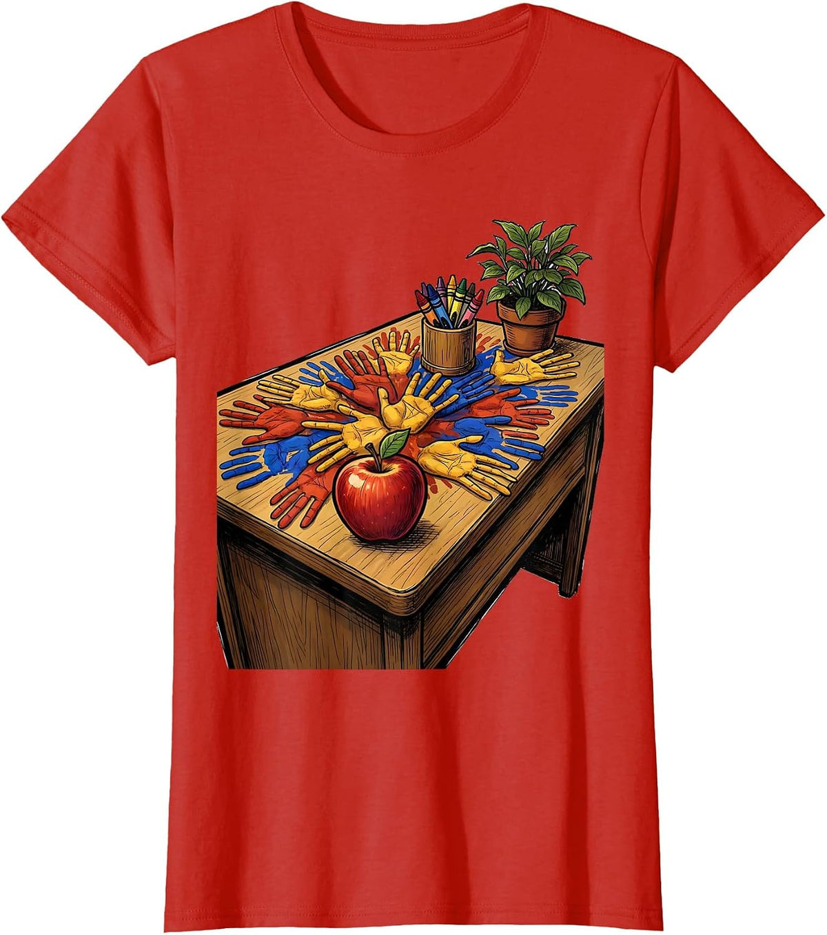 Third Grade Teacher Tiny Handprints Desk Design T-Shirt - Red