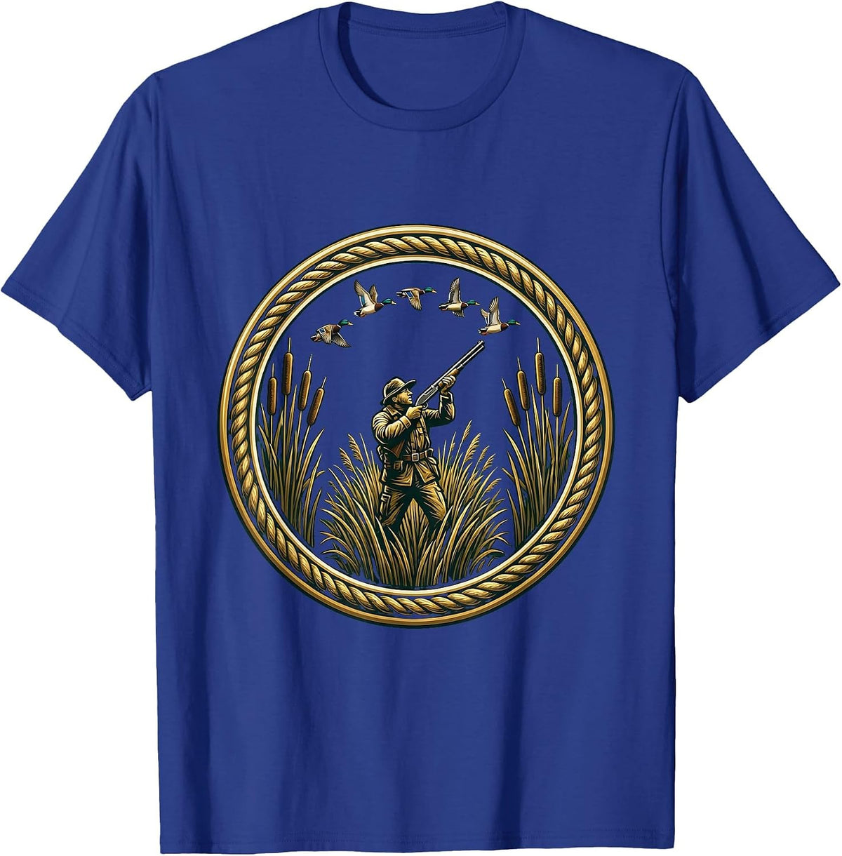 Camo Duck Hunter Rising From Marsh Reeds T-Shirt - Royal Blue