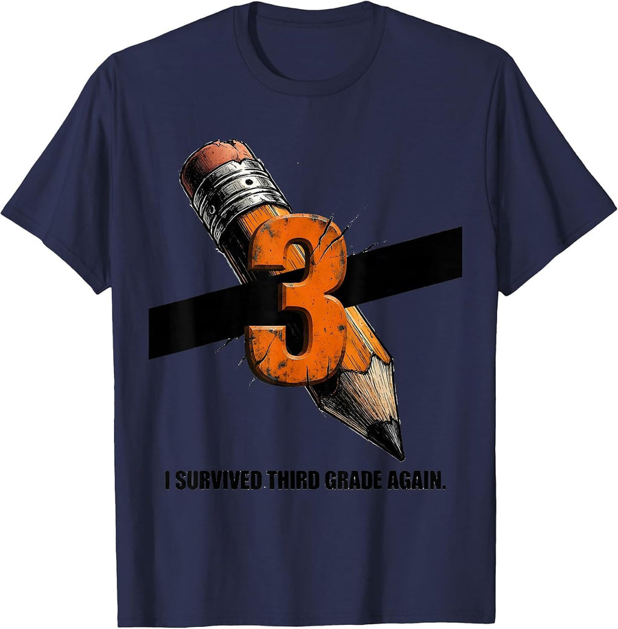 I Survived Third Grade Again Teacher Design T-Shirt - Navy Blue