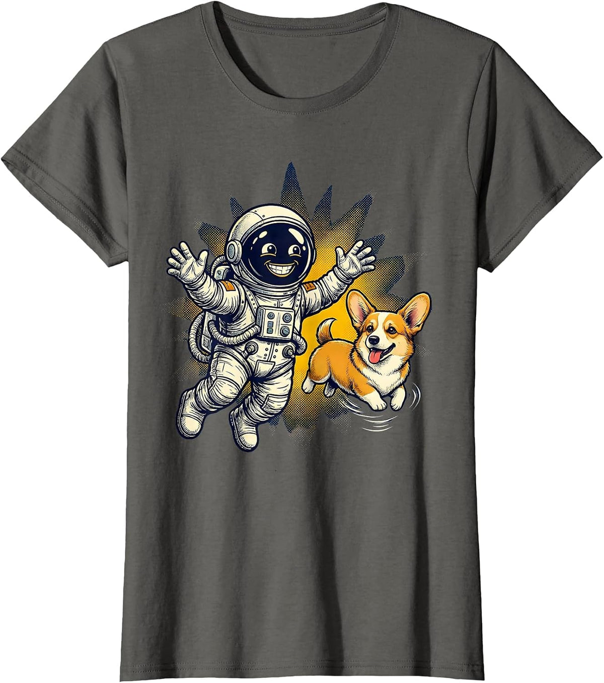 Women's Astronaut Space Corgi Floating Galaxy Dog T-Shirt - Asphalt Grey