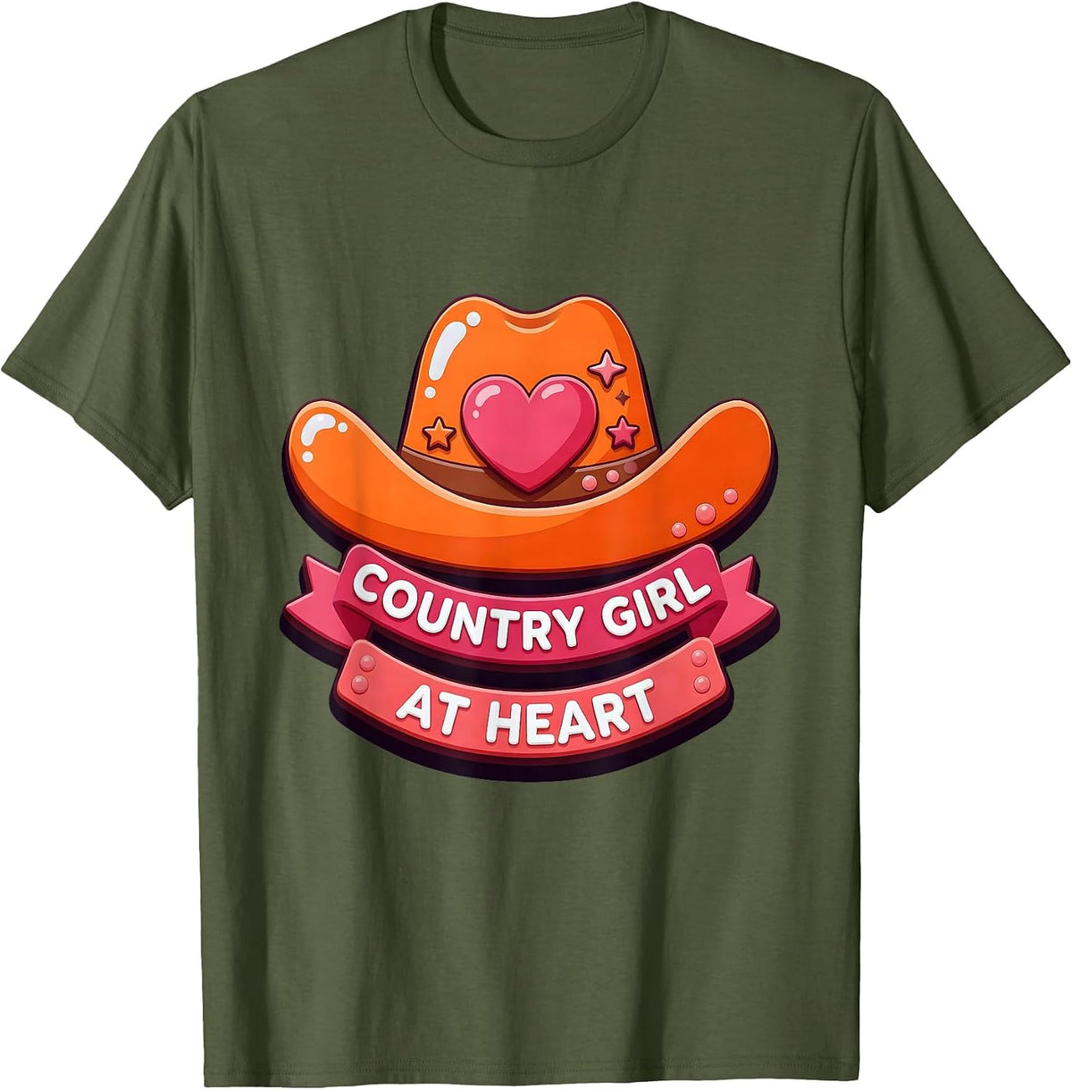 Country Girl At Heart Western Cowgirl Design T-Shirt - Olive Green