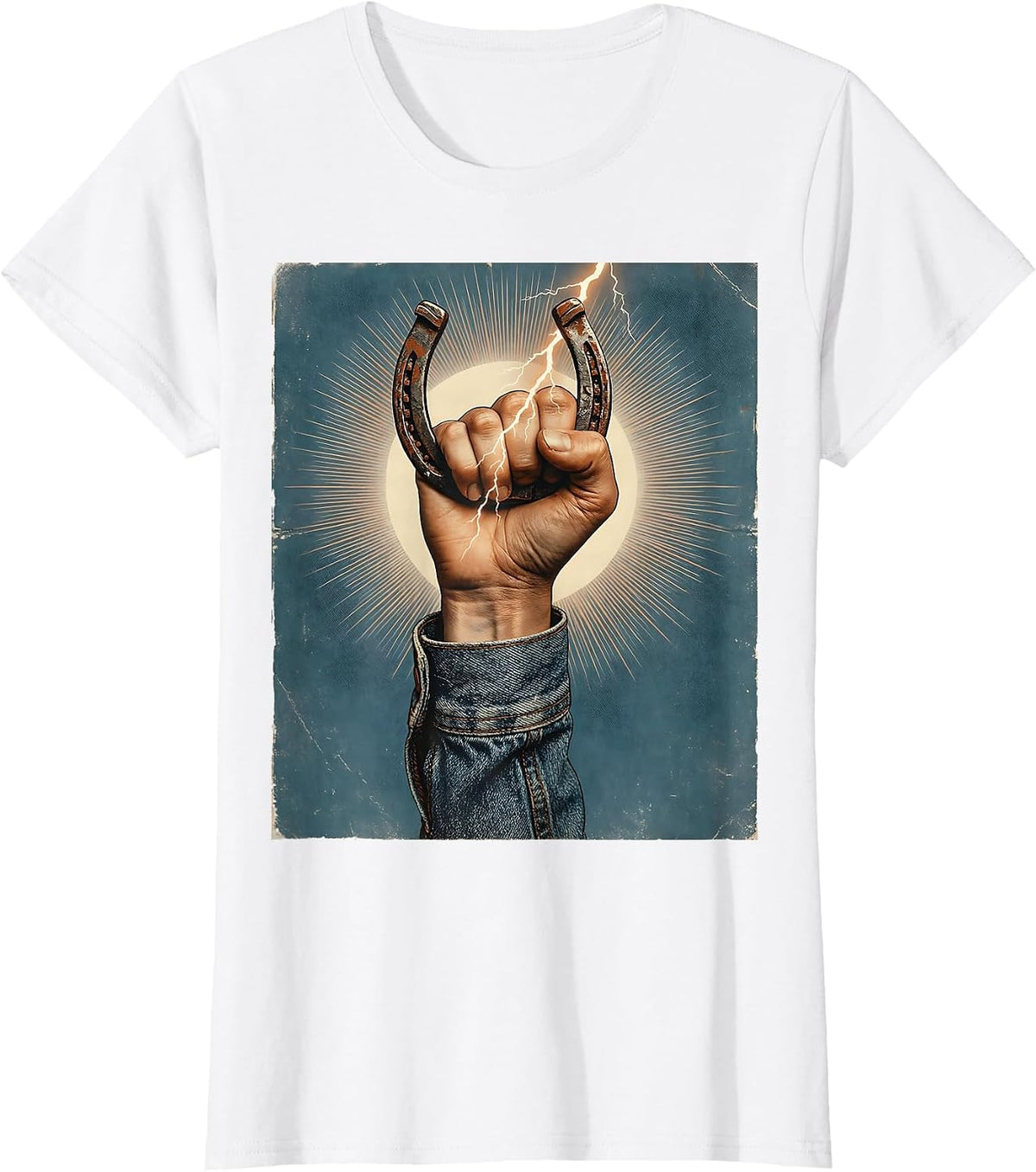 Women's Denim Cowgirl Horseshoe Lightning Bolt Graphic T-Shirt - White