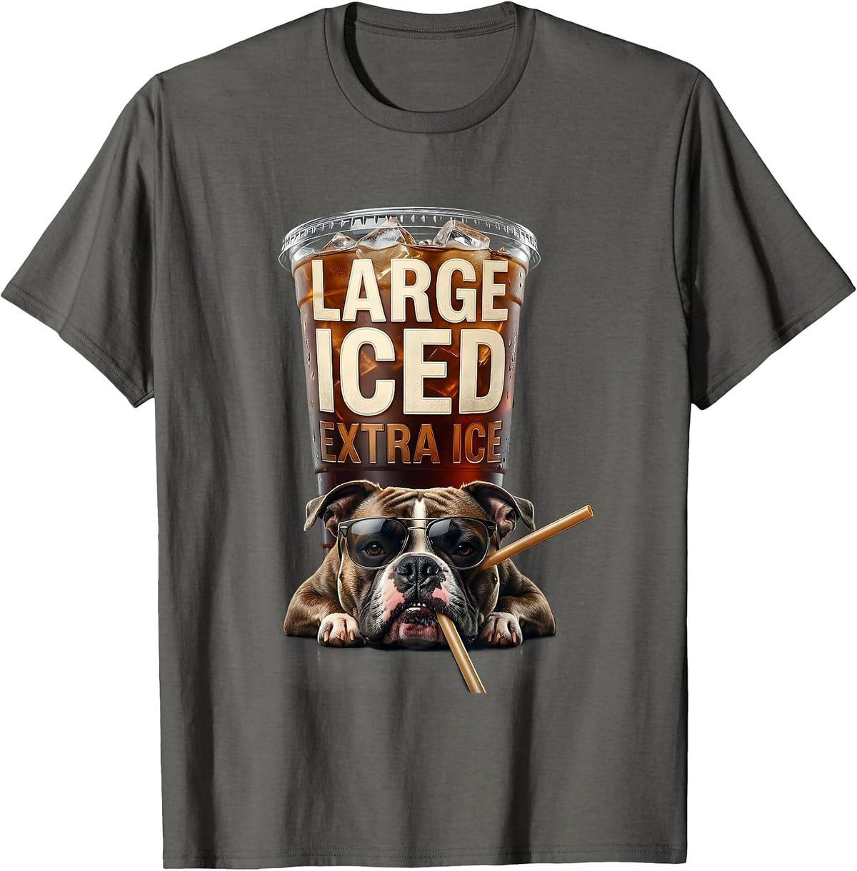 Men's Large Iced Extra Ice Funny Pitbull Drinking Iced Coffee Meme T-Shirt - Asphalt Grey