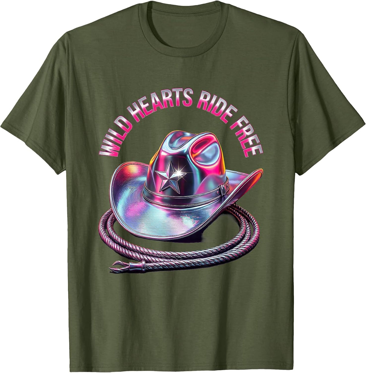 Wild Hearts Ride Free Cowgirl Design T-Shirt - Olive Green