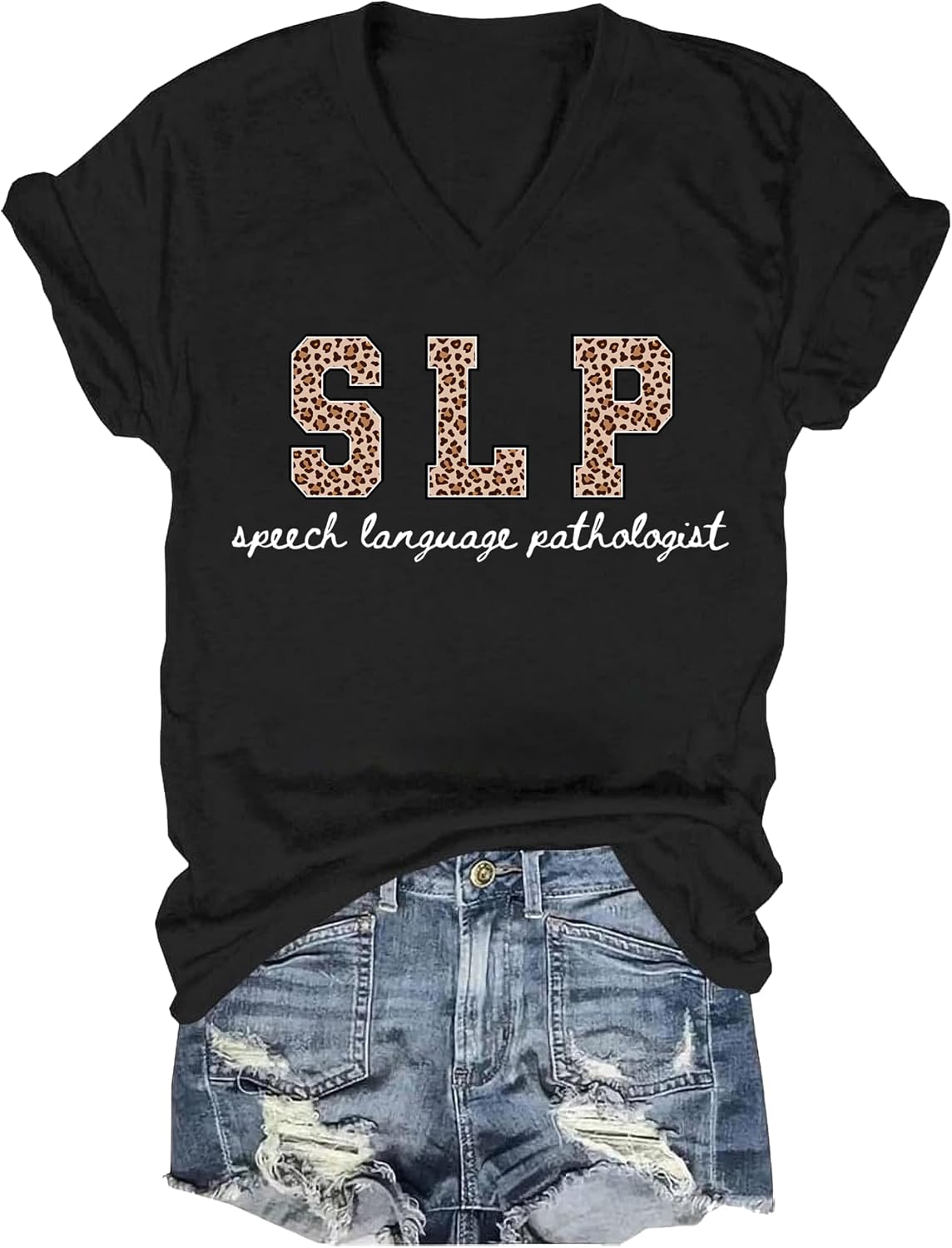 Speech Therapy Shirt Speech Language Pathologist SLP T-Shirt Leopard SLP Therapy Shirts for Women Graphic Tees - V-Neck