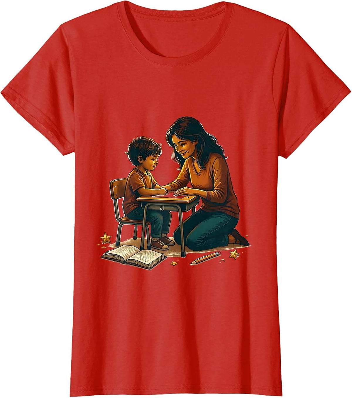 Women's Special Education Teacher Kneeling With Student Desk T-Shirt - Red
