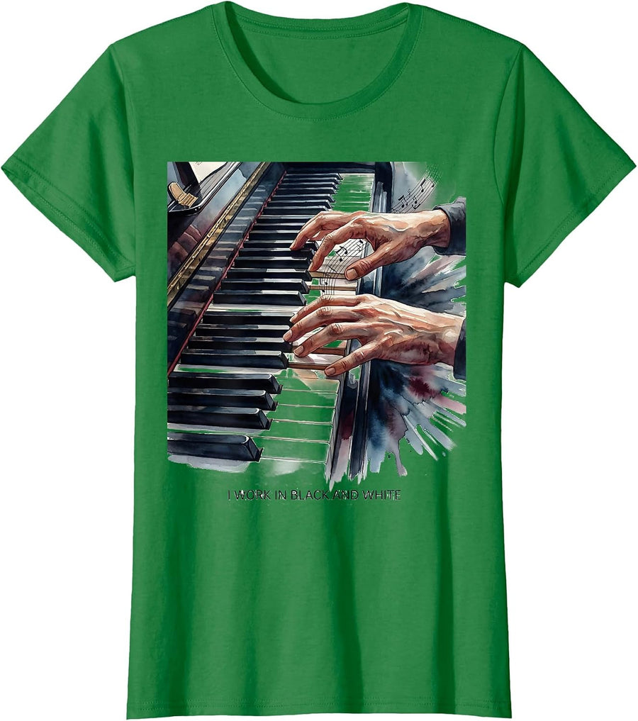 Women's I Work In Black And White Funny Pianist Piano Teacher Gift T-Shirt - Kelly Green