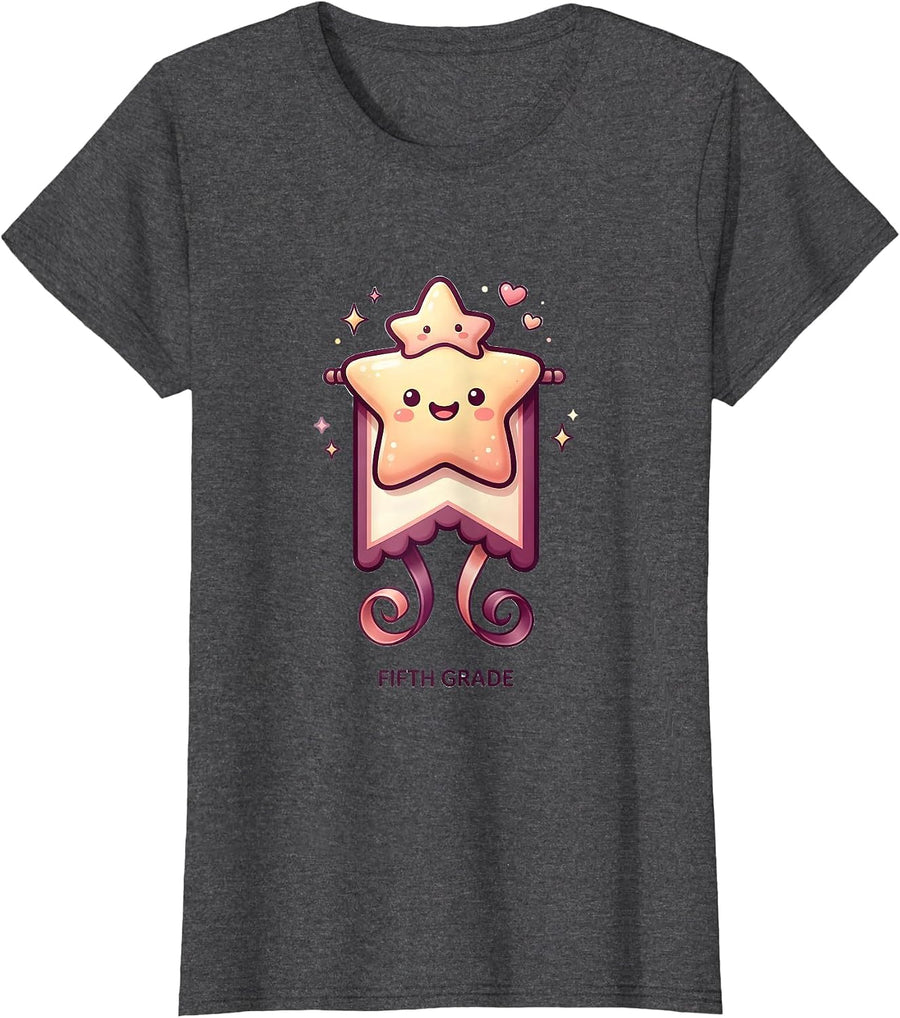 Women's Fifth Grade Cute Kawaii Back To School Girl Pennant T-Shirt - Dark Heather Grey