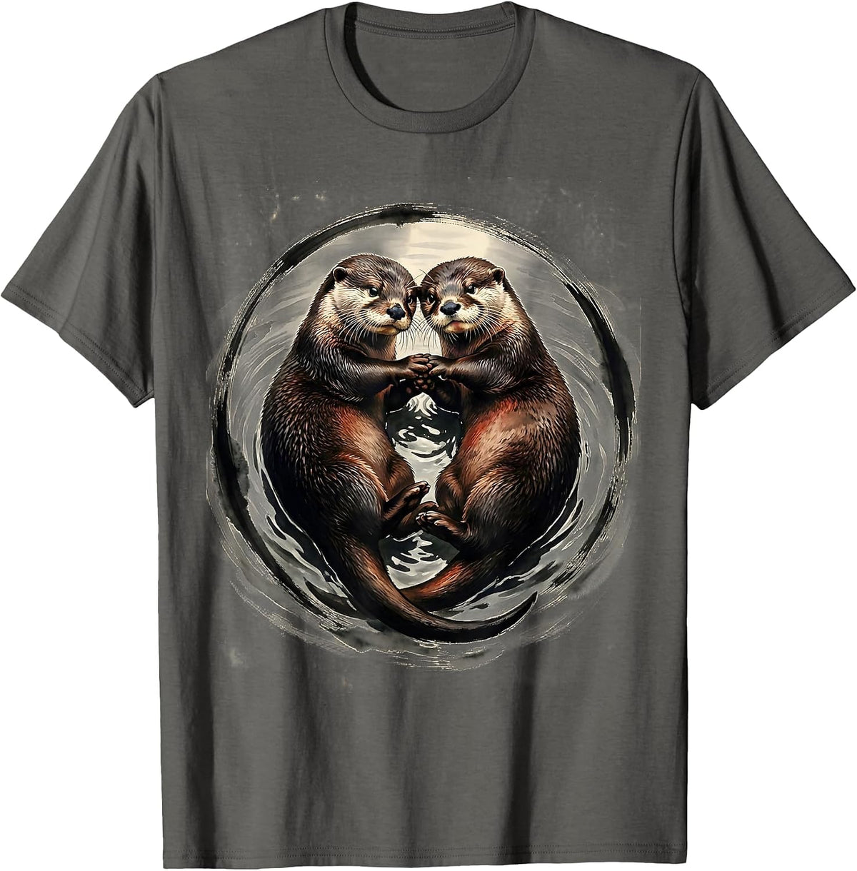 Sleeping Otters Holding Hands Cute Wildlife Art T-Shirt - Asphalt Grey