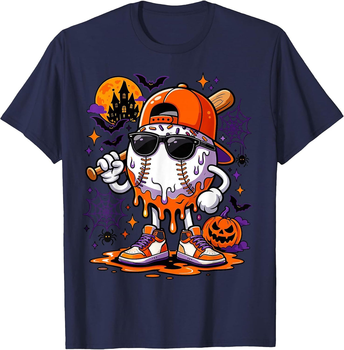 Baseball Drip for Boys Ice Cream Drip Baseball Halloween T-Shirt - Navy Blue