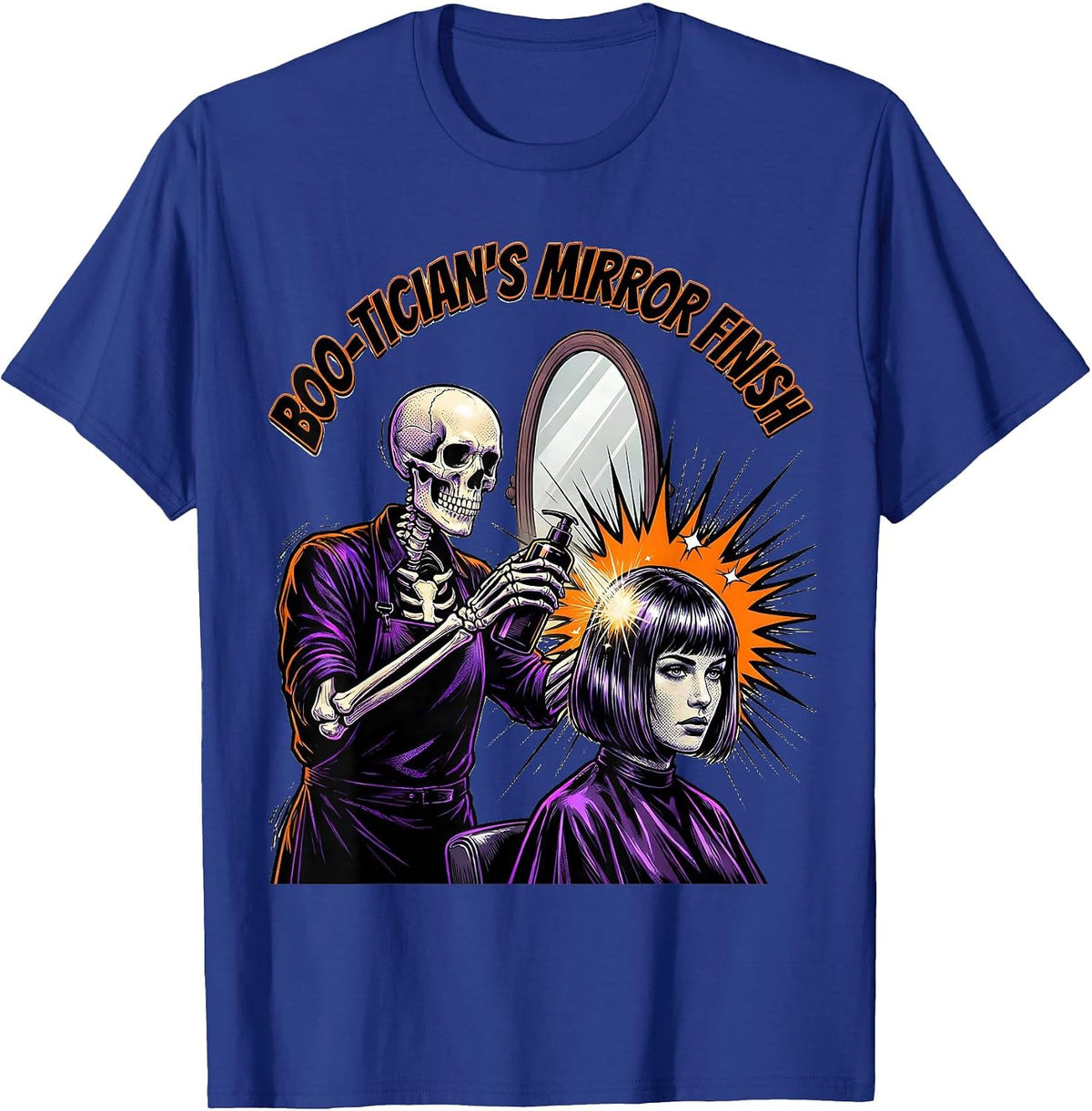Boo-tician's Mirror Finish Comic Book Skeleton Hairdresser T-Shirt - Royal Blue