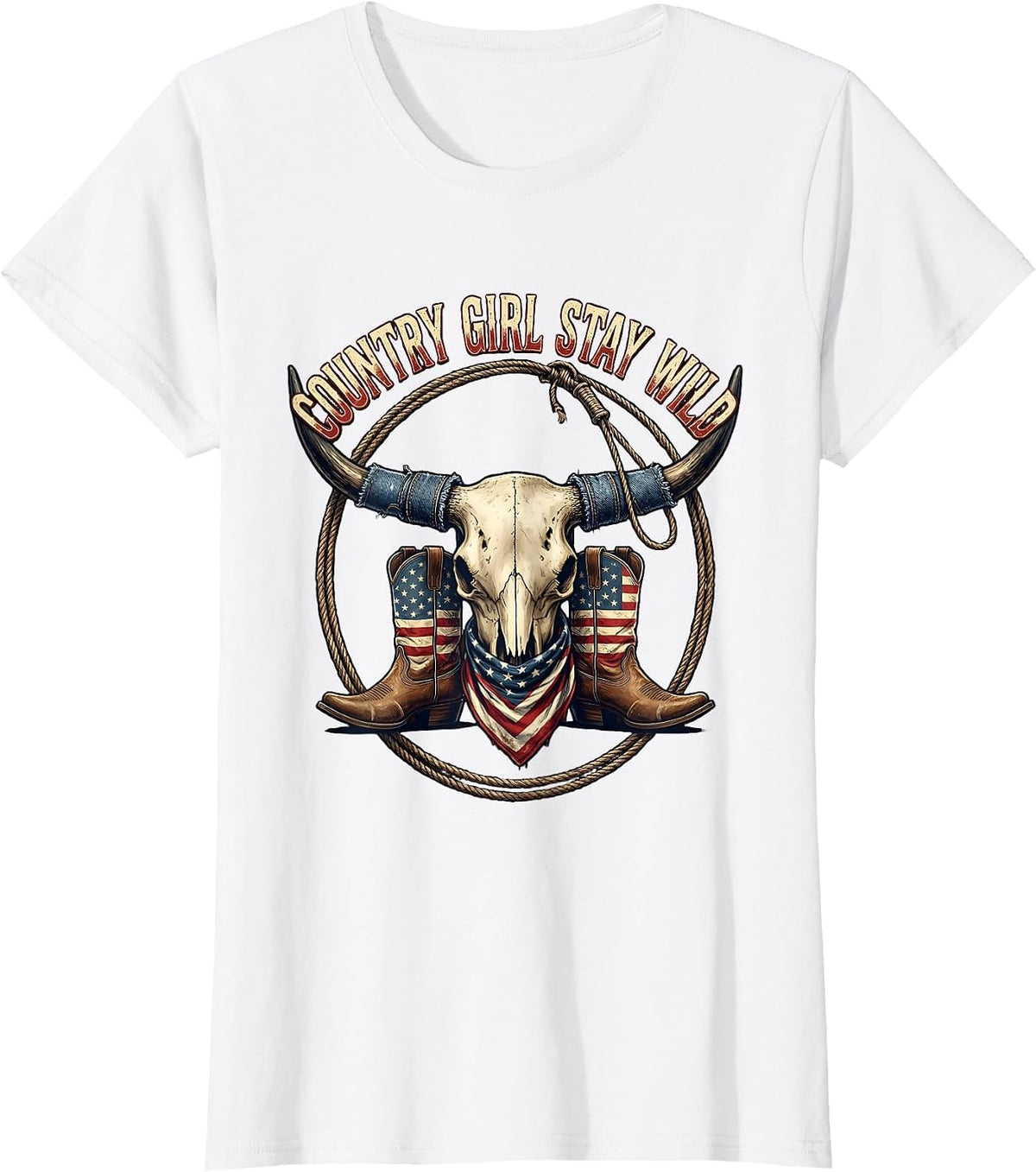 Country Girl Stay Wild Denim Cowgirl Design T-Shirt - White