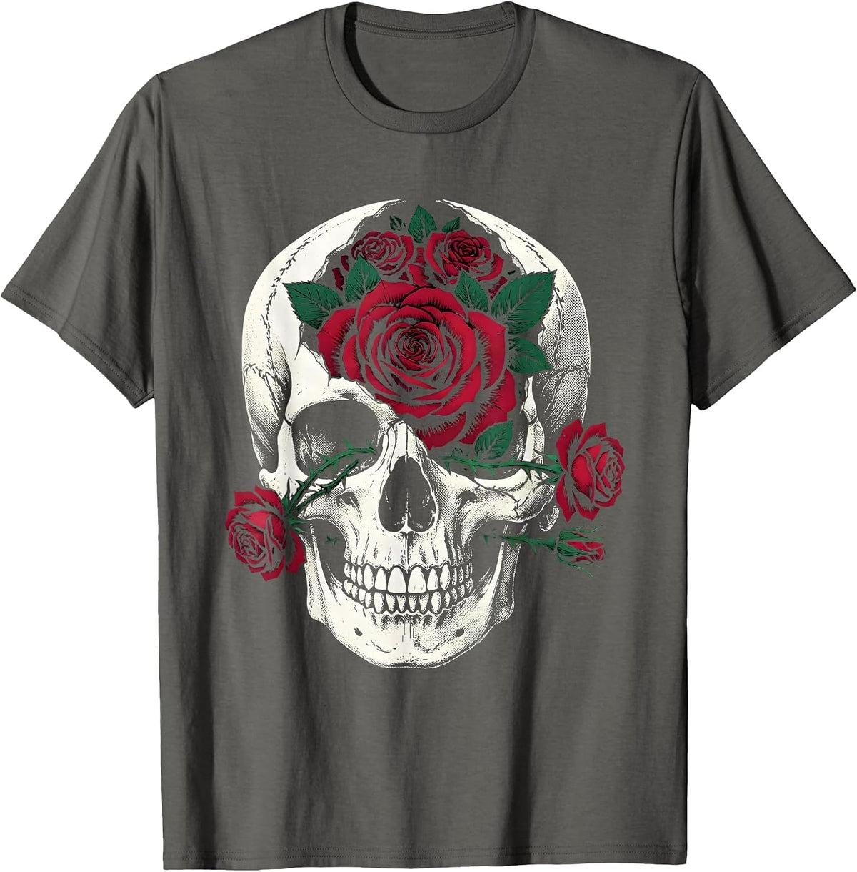 Men's Skull and Roses Rock and Roll Graphic Design T-Shirt - Asphalt Grey