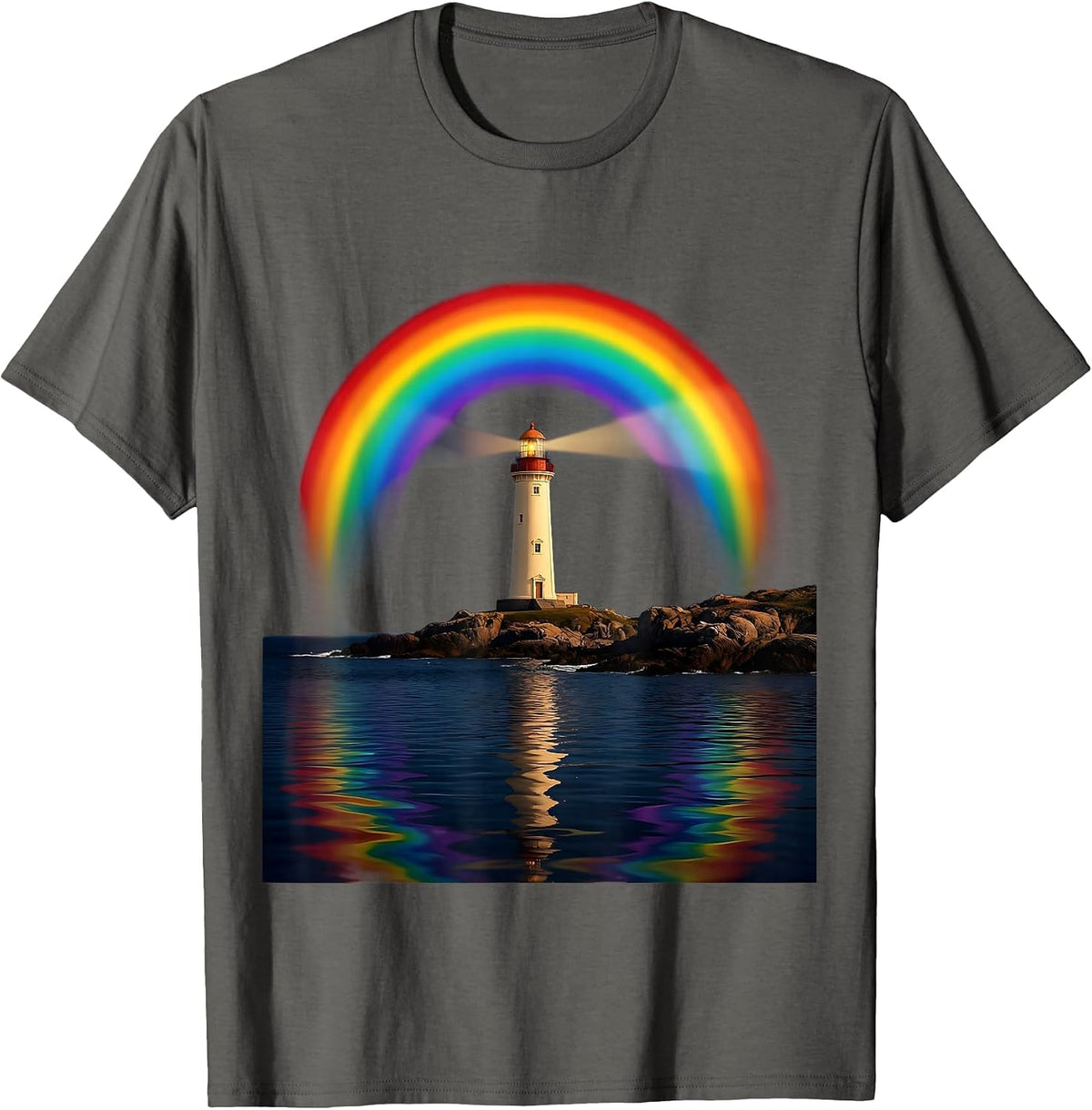 Autism Lighthouse Rainbow Beacon Dark Water Design T-Shirt - Asphalt Grey