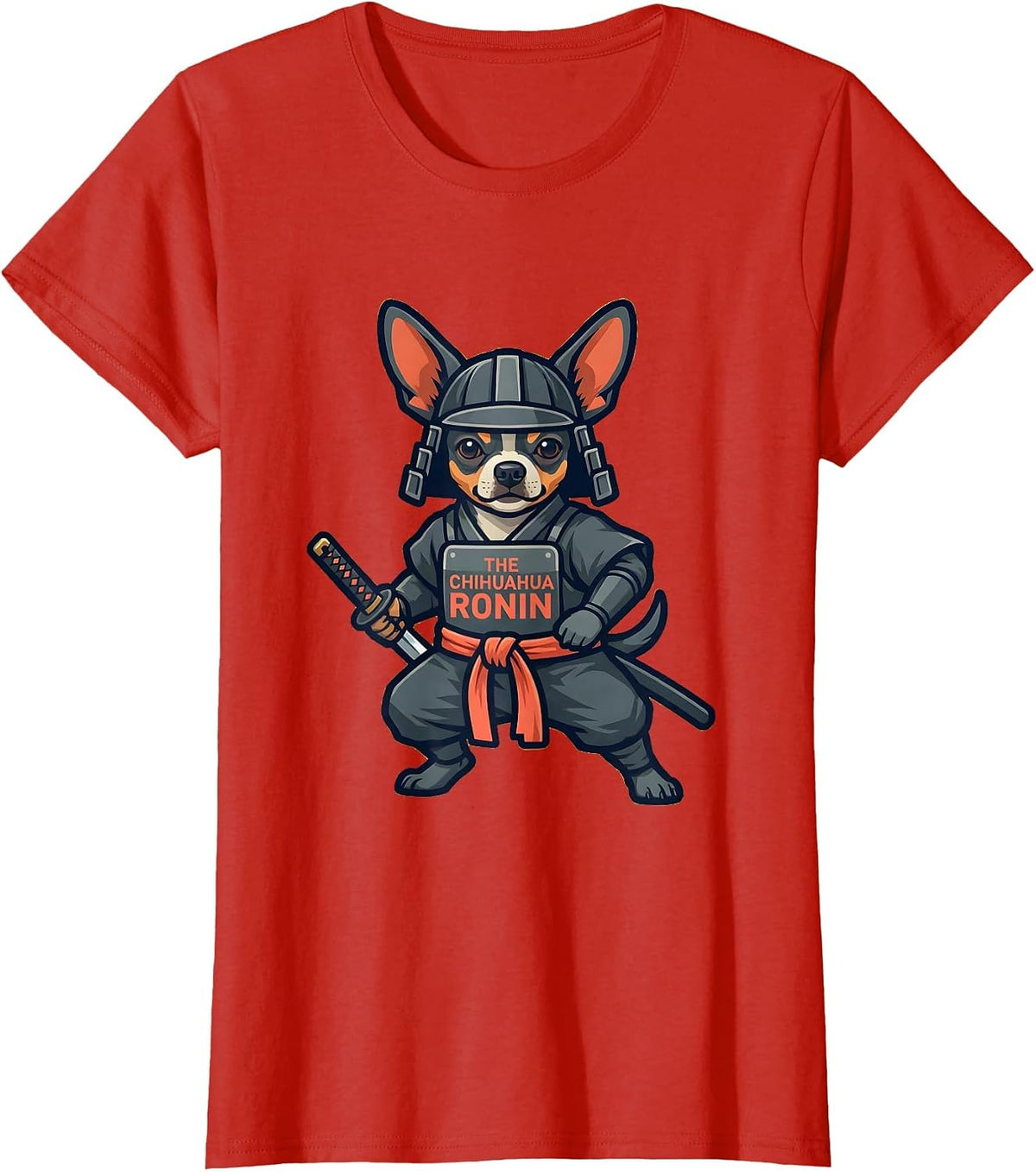 Women's The Chihuahua Ronin Flat Vector Japanese Art Anime Funny T-Shirt - Red