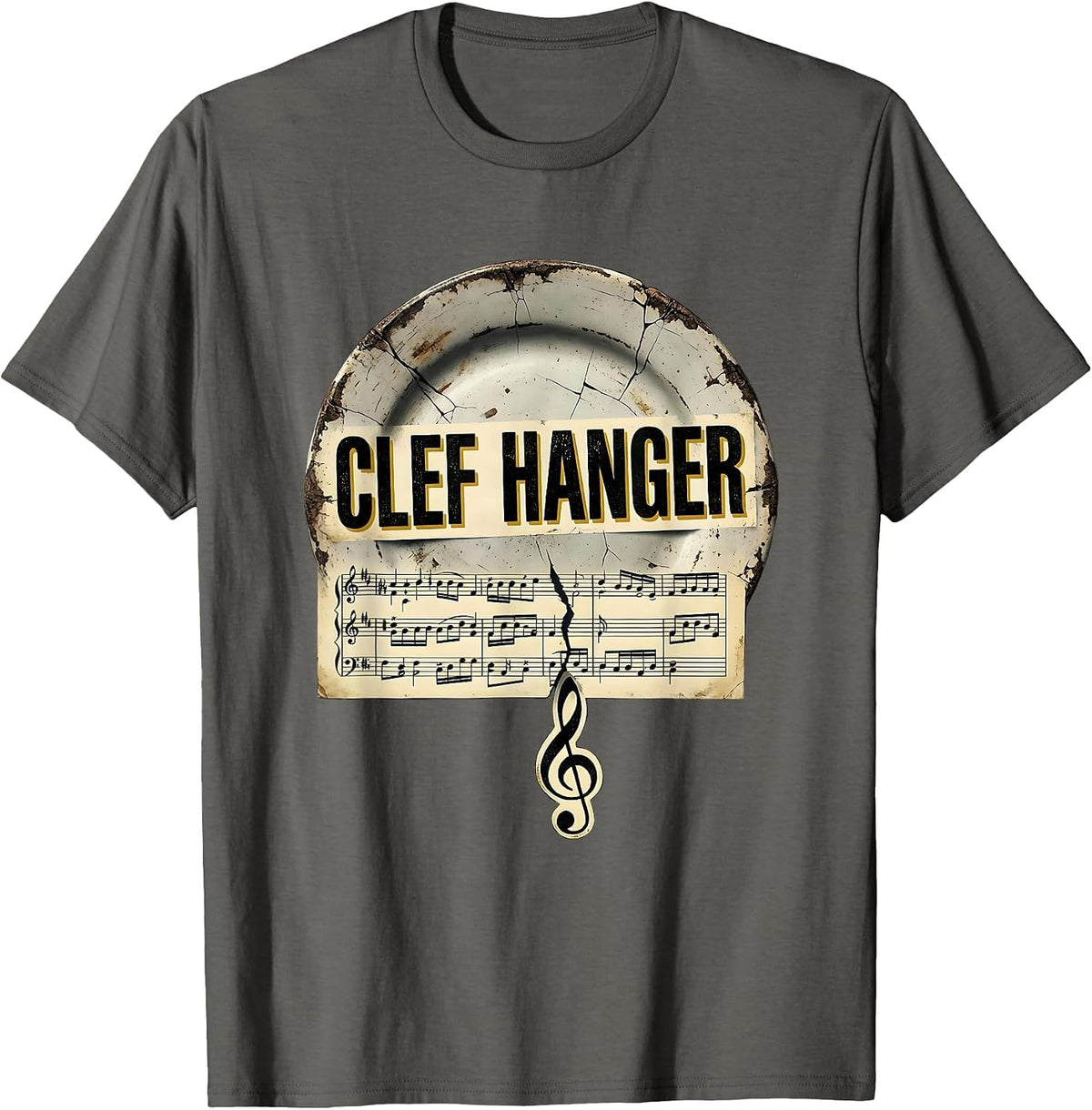 Clef Hanger Distressed Funny Music Lover Musician Gift T-Shirt - Asphalt Grey