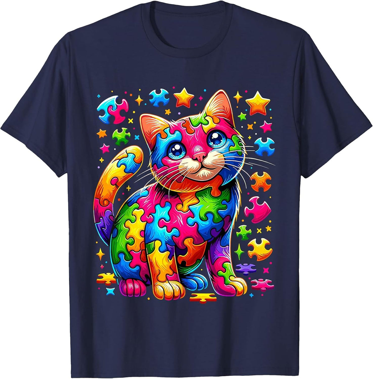 Autism Awareness Cat Puzzle T-Shirt - Navy Blue