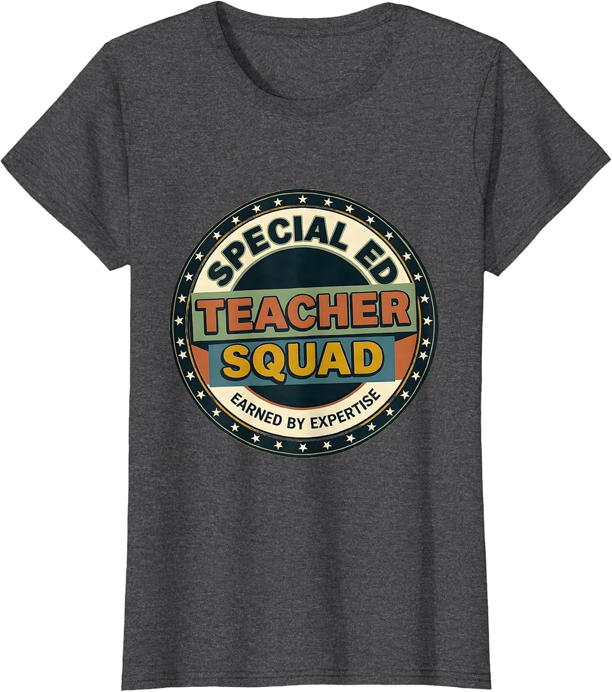 Women's Earned By Expertise Bold Retro Special Education Teacher T-Shirt - Dark Heather Grey